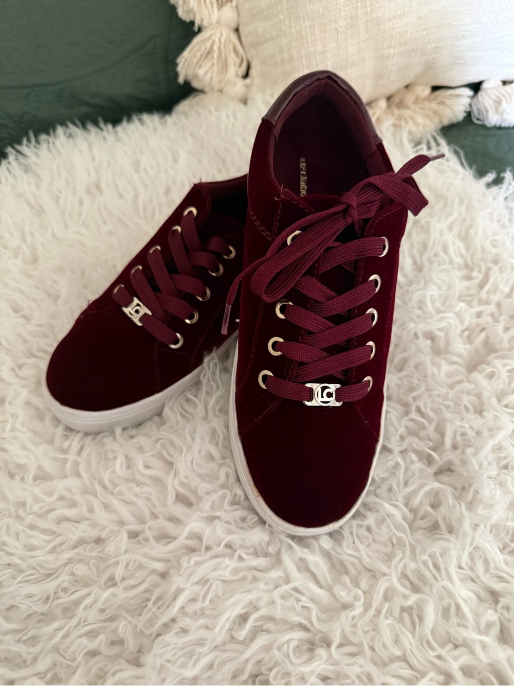 Liz Claiborne Burgundy Velvet Lace-Up Sneakers with Gold Accent